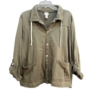 Weekends by Chico's Olive Green Jacket Button Snap Pockets Lightweight size 3
